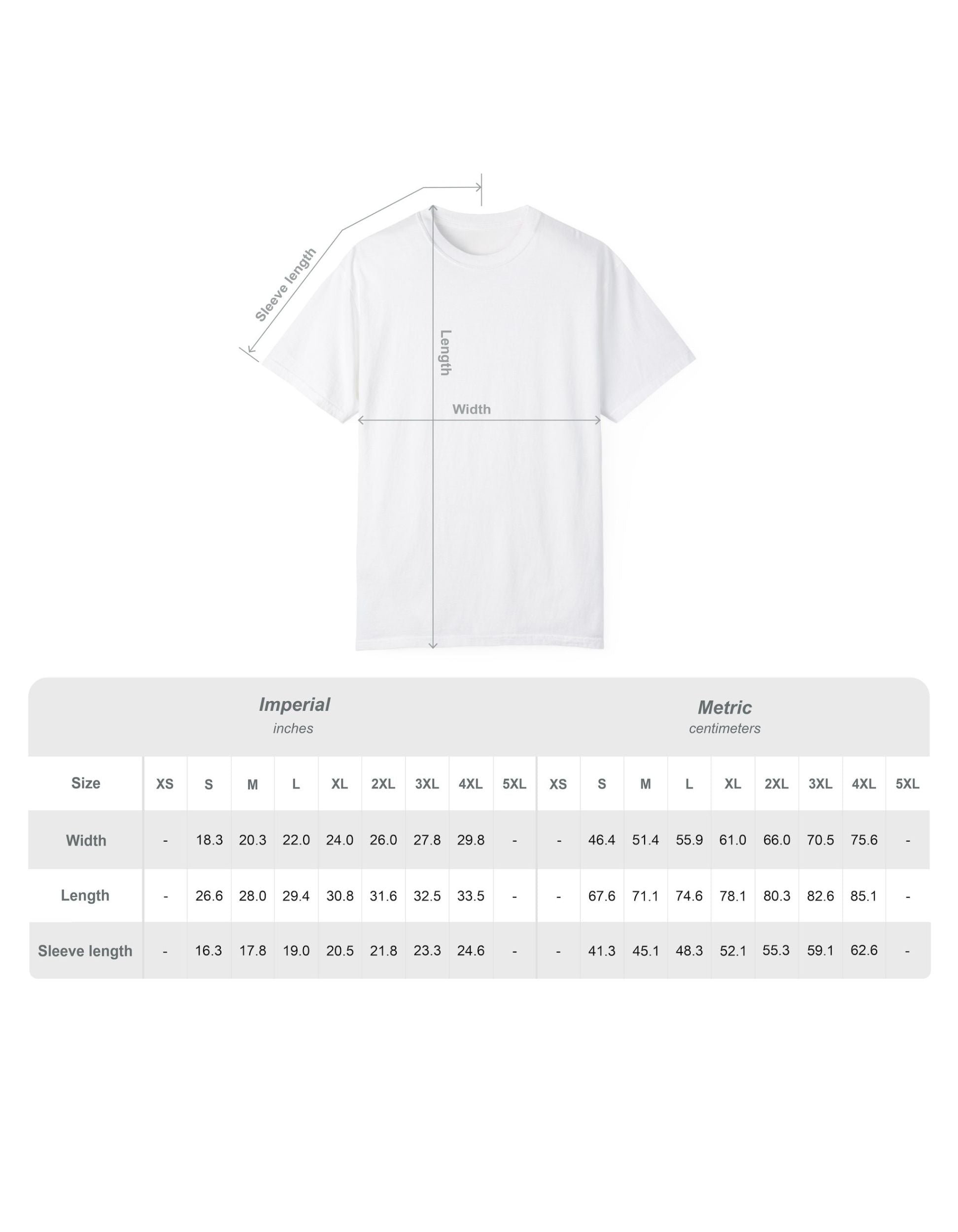White t-shirt with size chart on a white background