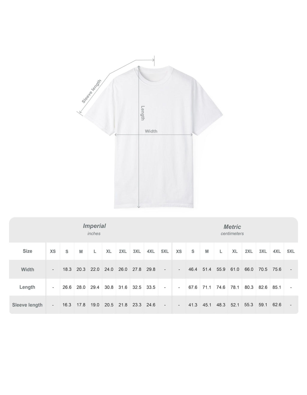 White t-shirt with size chart on a white background