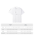 White t-shirt with size chart on a white background