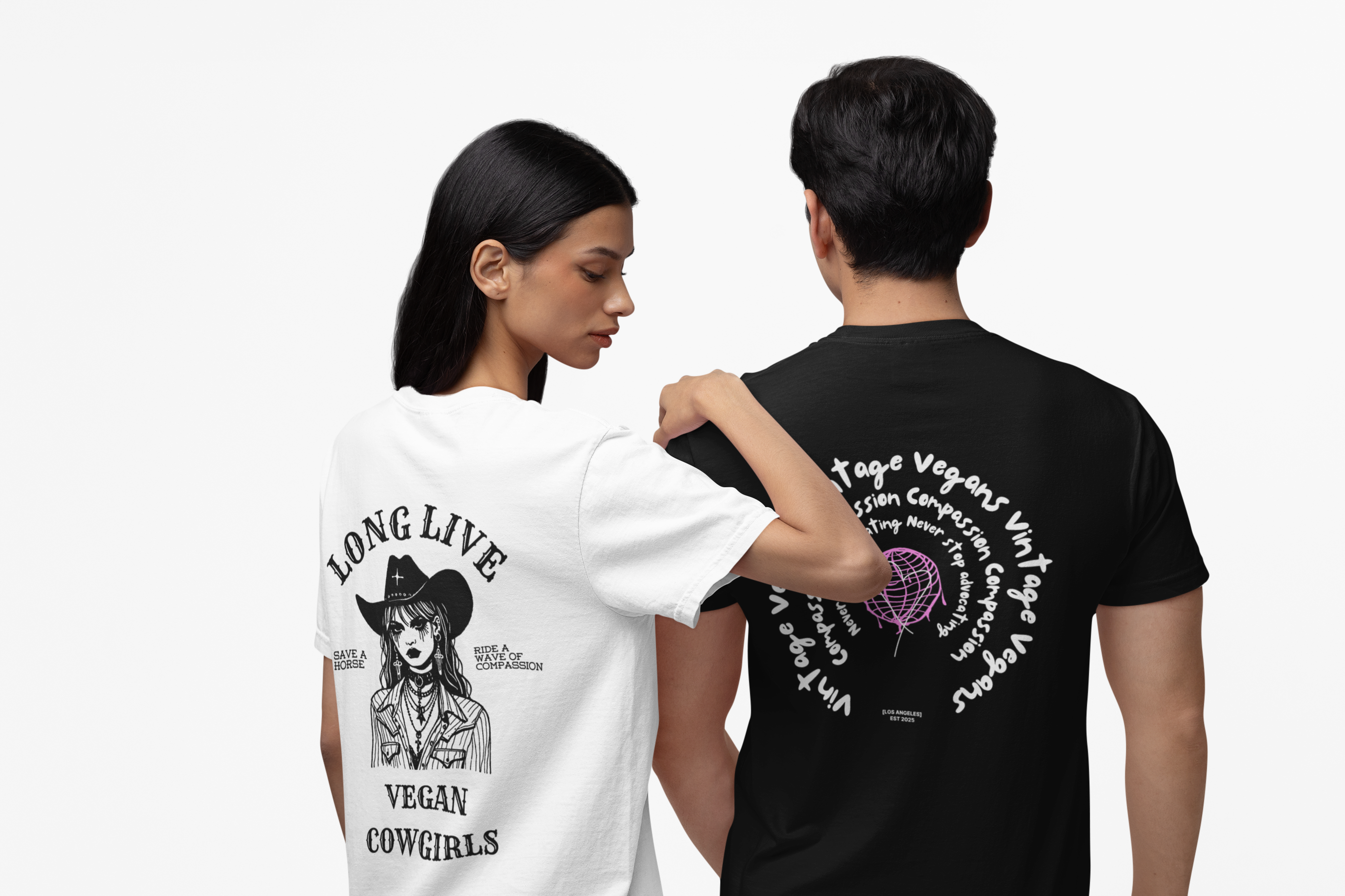 Two people wearing t-shirts with graphic designs on the front and back.